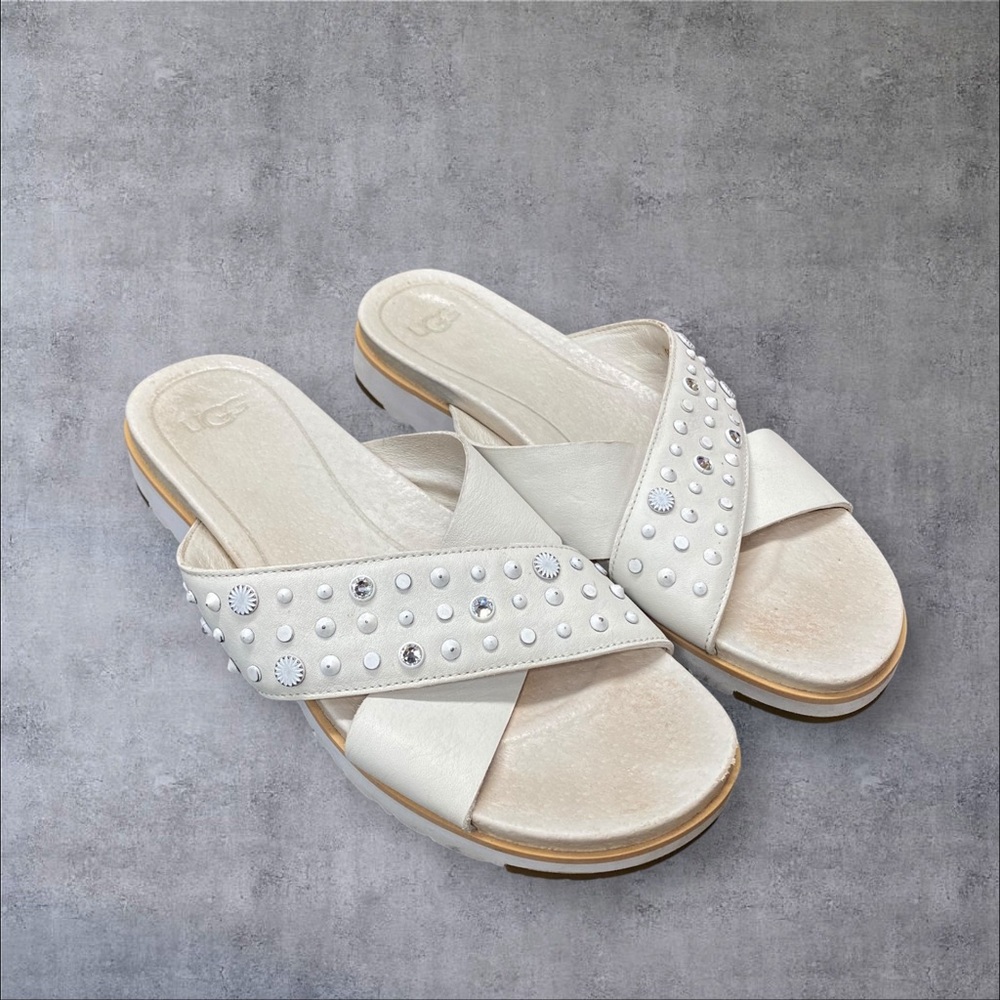 UGG Kari Studded Bling Crystal White Leather Sandals Size 9.5